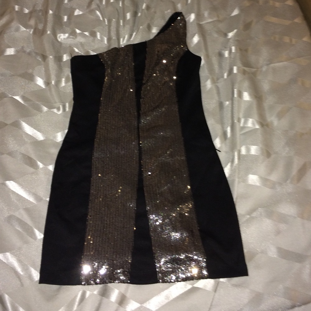Sequin black stretch dress, one shoulder